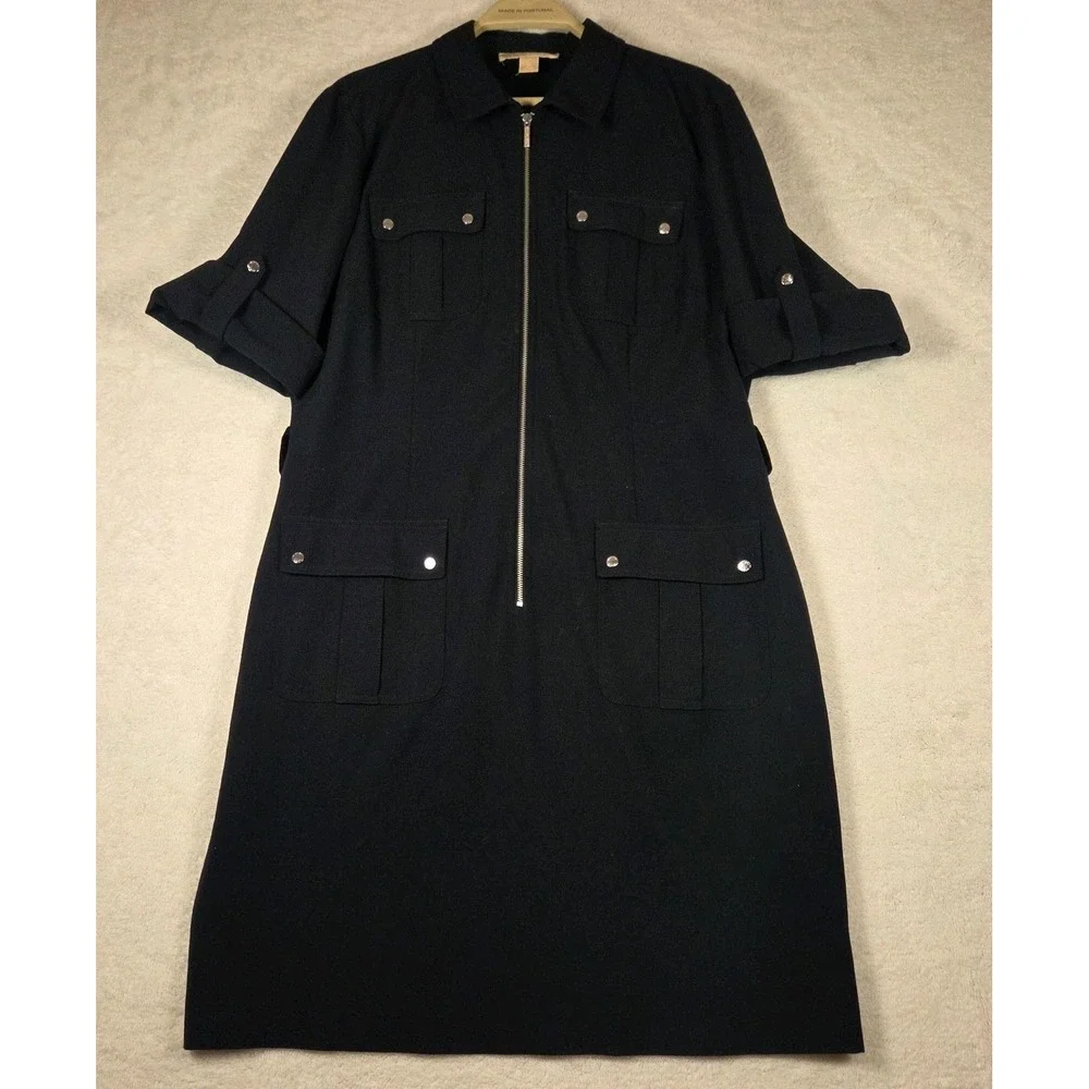MICHAEL KORS Womens Navy Utility Zip Front Dress XL Roll Tab Sleeves Pockets